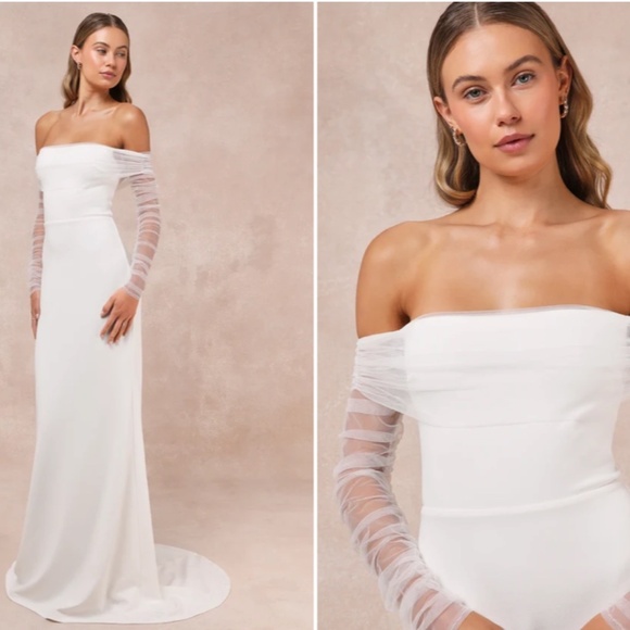 LULU's Beautifully Beloved White Mesh Off-the-Shoulder Bridal Gown NWOT - Picture 6 of 6